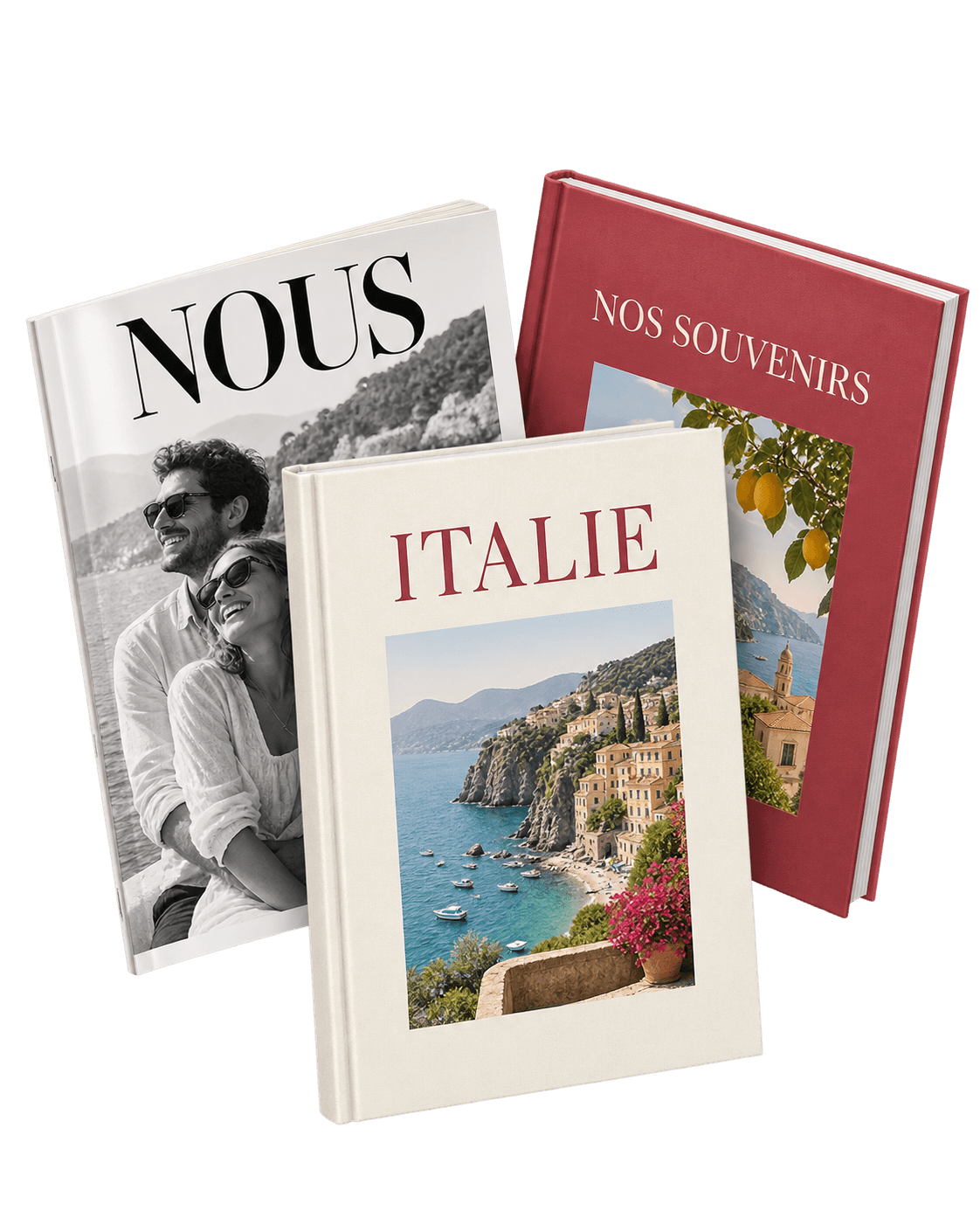 Un magazine photo et deux livres photo A4 aux couvertures personnalisées