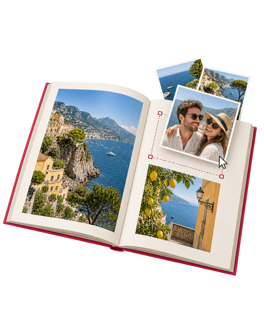 Une photo glissée dans la mise en page d’un livre photo ouvert