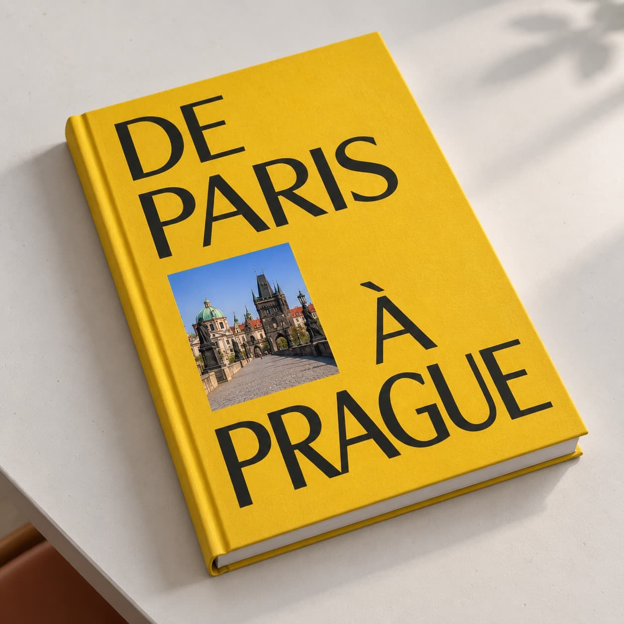 Livre photo à couverture rigide jaune « De Paris à Prague » posé sur une table claire