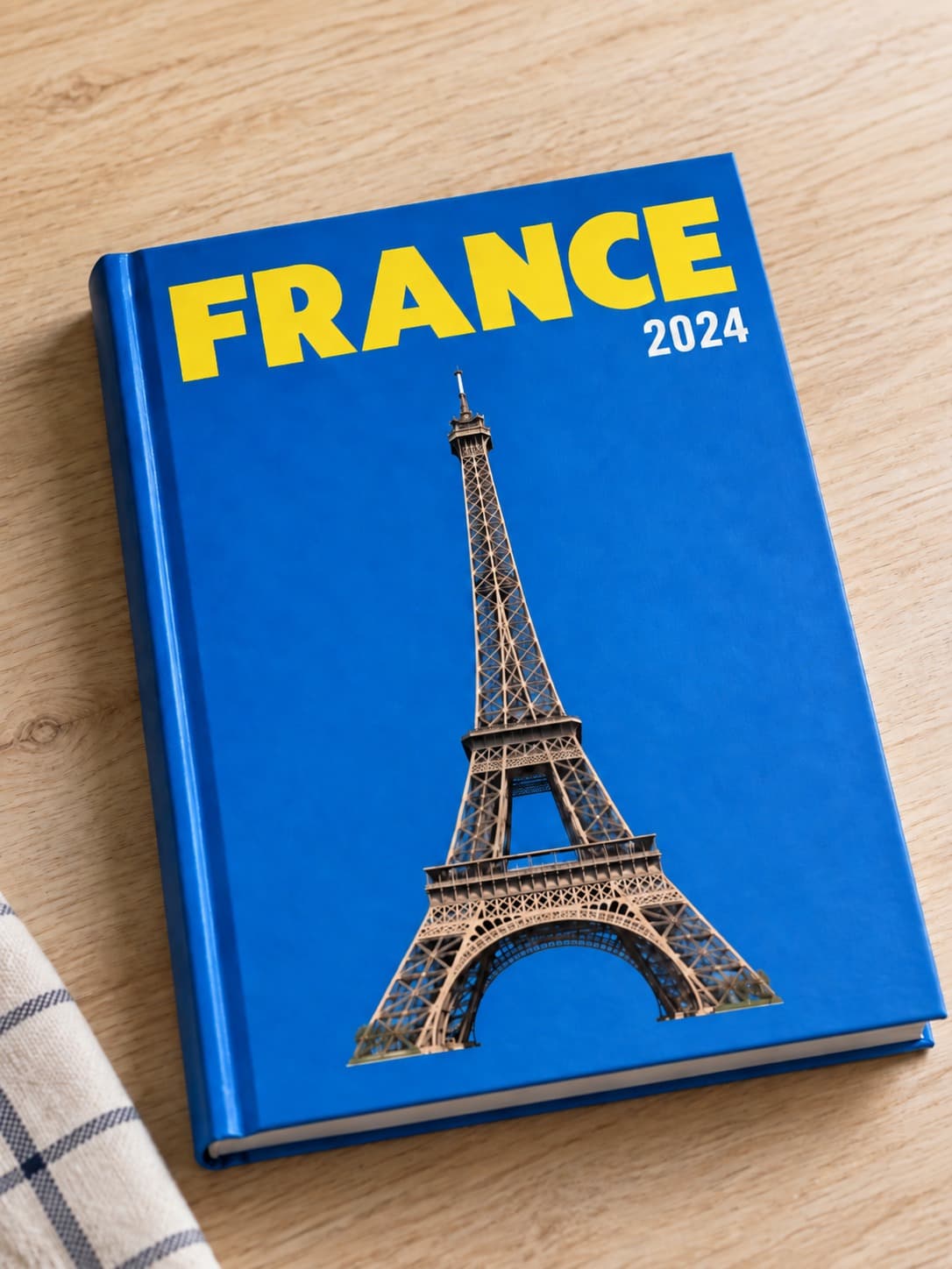 Livre photo à couverture rigide bleue « France 2024 » avec la tour Eiffel, posé sur une table en bois clair